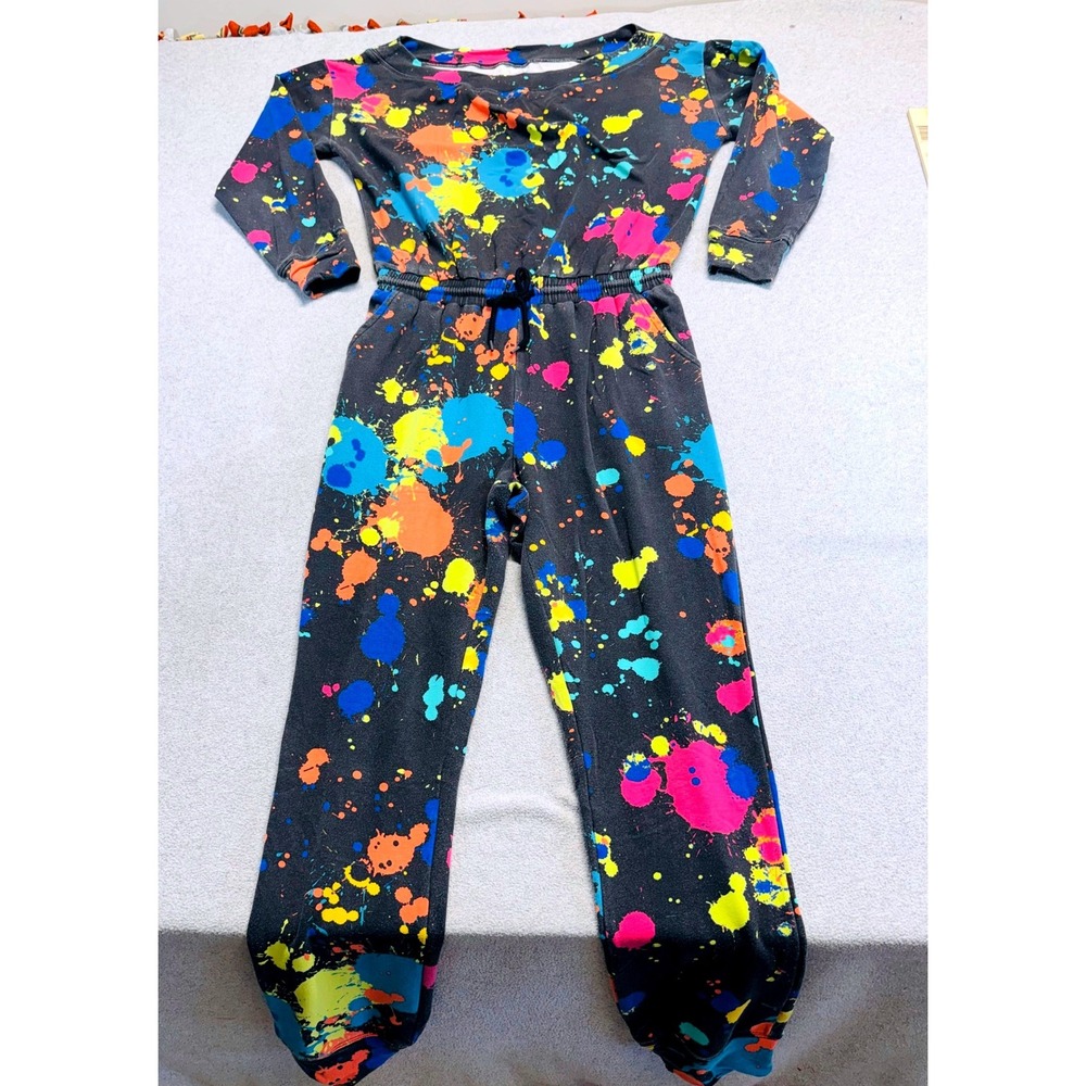 New York & Company Jumpsuit Womens M Black Neon Paint Splatter Jogger